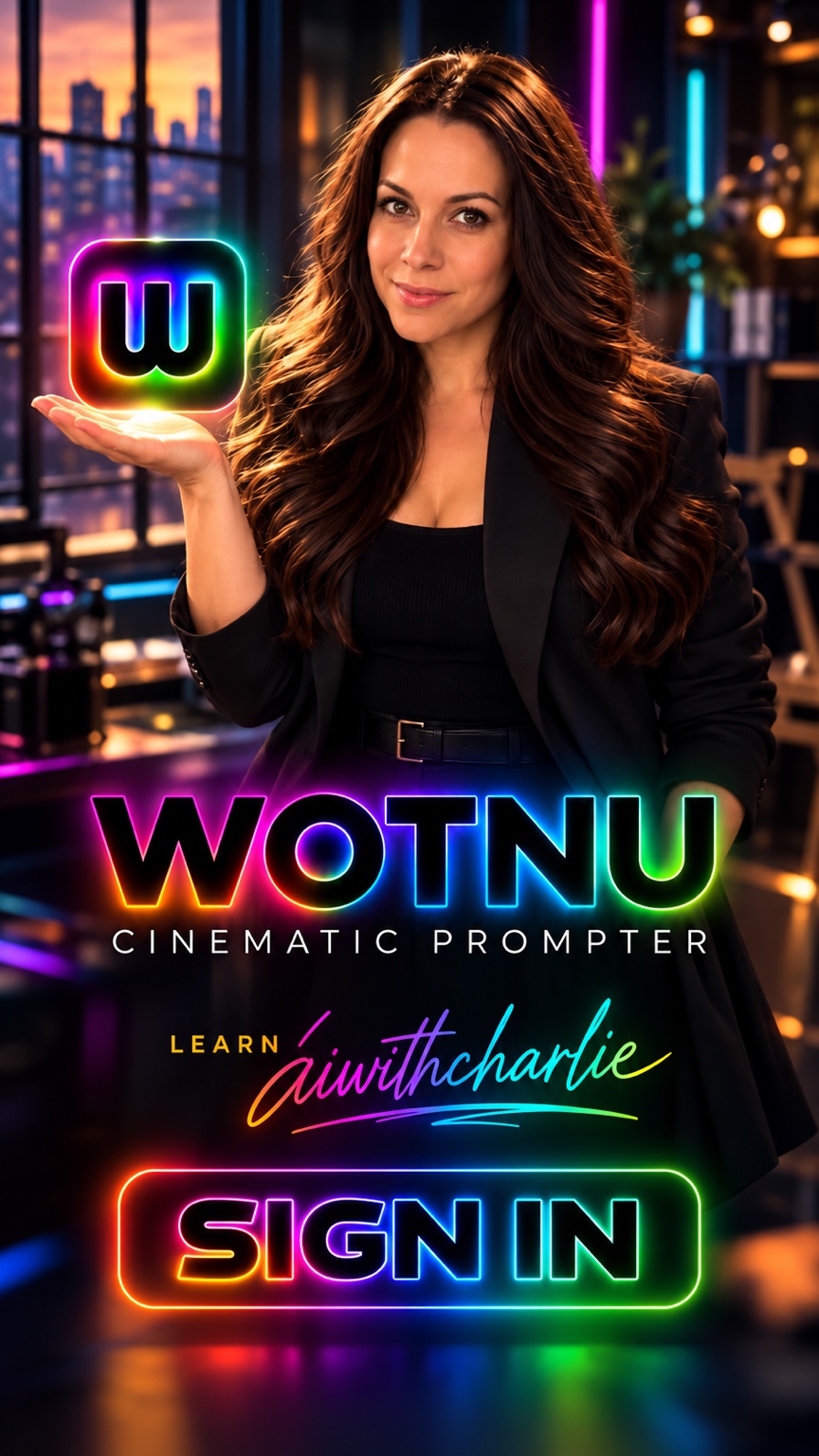 WOTNU Cinematic Prompter welcome artwork, including the neon SIGN IN sign